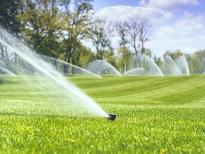 watering a green grass against a blue sky with clouds